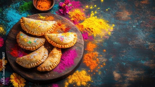 indian festival desserts, colorful gujiya pastries on a wood board, surrounded by vibrant powders and flowers, a festive holi scene with room for text