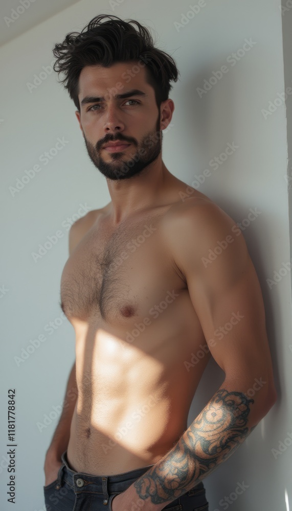 Fototapeta premium A handsome man with a well-defined physique and a striking tattoo stands confidently against a sunlit wall, exuding charisma. His tousled hair and intense gaze create an atmosphere of allure and
