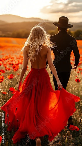 A woman in a flowing red dress runs through a flower field, her lover chasing her, capturing an epic romance and vintage passion story photo