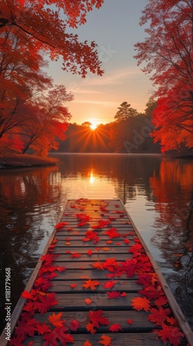 Fototapeta Naklejka Na Ścianę i Meble -  A serene autumn landscape at sunset, featuring a wooden dock leading into a still lake. The dock is covered in vibrant red and orange fallen leaves, while the surrounding trees display rich... 