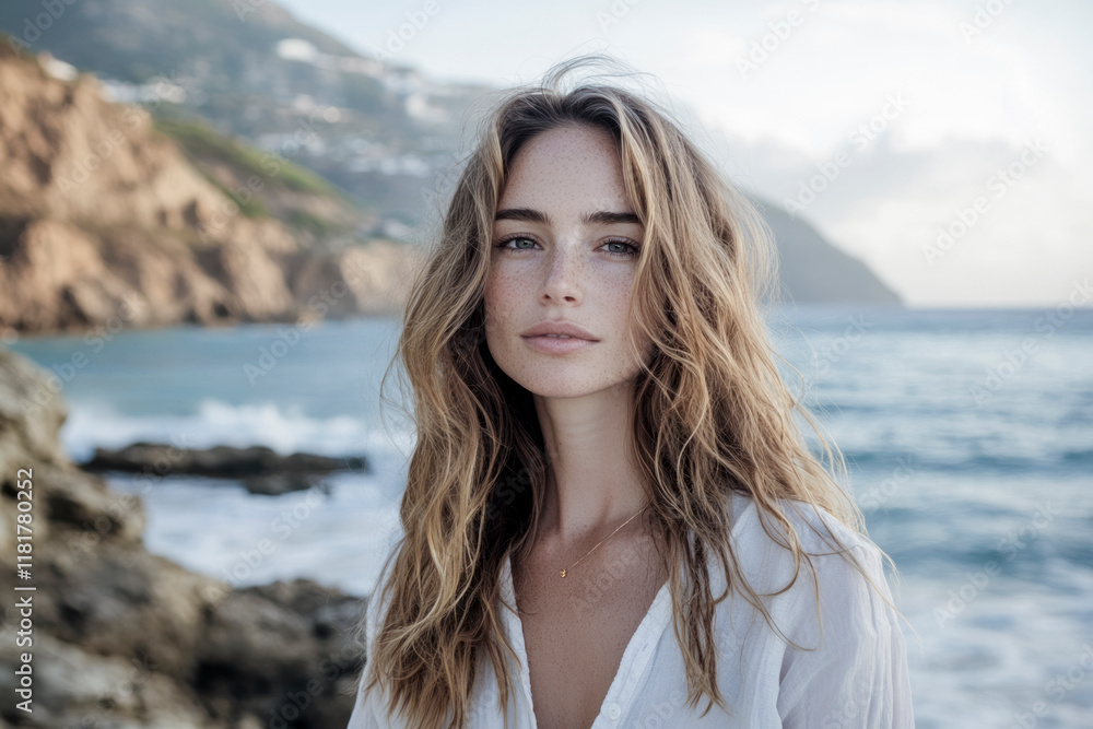 Portrait of a serene young woman with long wavy hair standing by the ocean with cliffs in the background. Portrait of a serene young woman with long wavy hair standing by the ocean with cliffs in the background.