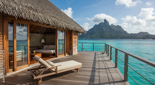 A luxurious overwater bungalow in Bora Bora with crystal-clear turquoise water beneath photo