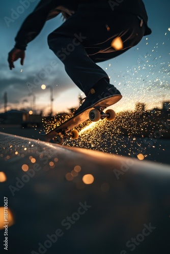 High-Speed Capture of Skater Grinding on Rail at Sunset photo