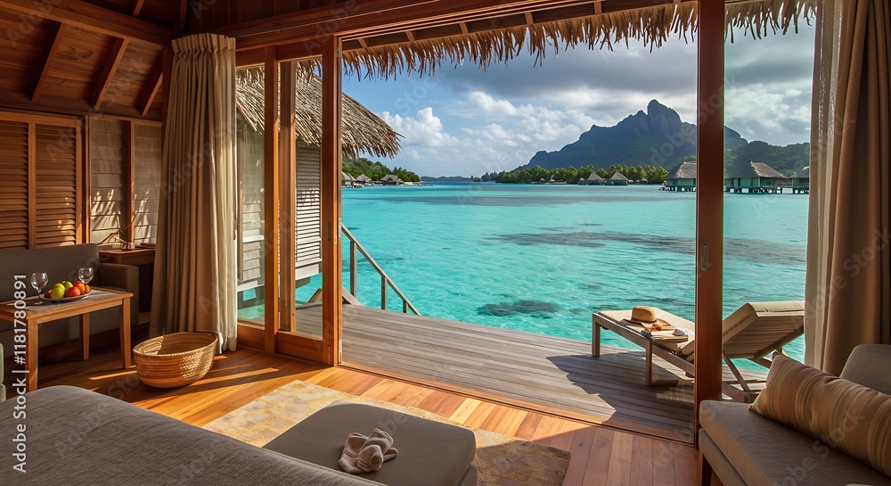 Fototapeta premium A luxurious overwater bungalow in Bora Bora with crystal-clear turquoise water beneath