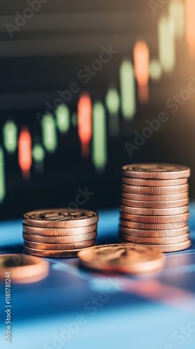 Stacks of coins are placed on a financial chart showing positive growth, representing successful investments and increasing profits in the stock market photo