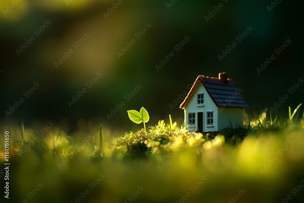 Miniature house on lush green grass with a small seedling, symbolizing growth, nature, and environmental harmony in a serene outdoor setting during golden hour light Miniature house on lush green grass with a small seedling, symbolizing growth, nature, and environmental harmony in a serene outdoor setting during golden hour light