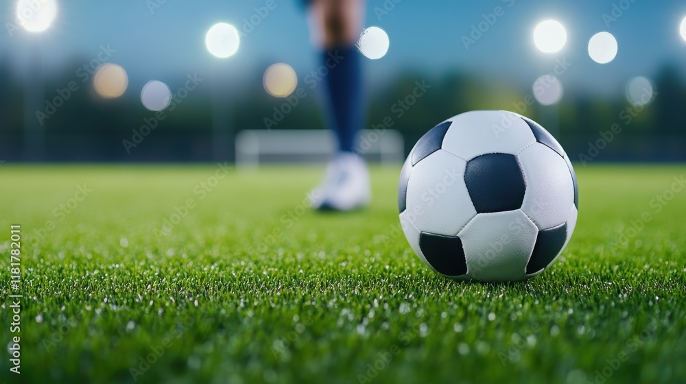 Naklejka premium Soccer ball resting on vibrant green grass field with blurred player in background under evening lights