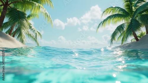 Tropical paradise design with palm trees and crystal-clear waters, ideal for summer-themed campaigns photo