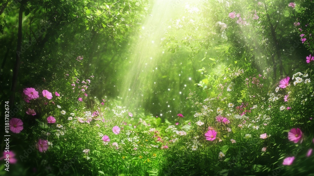 Obraz premium Enchanted Forest Path Sunlit Flowers and Green Leaves