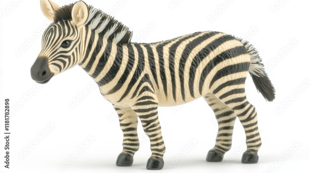 Obraz premium Playful zebra figurine on white background animal model display creative environment artistic viewpoint