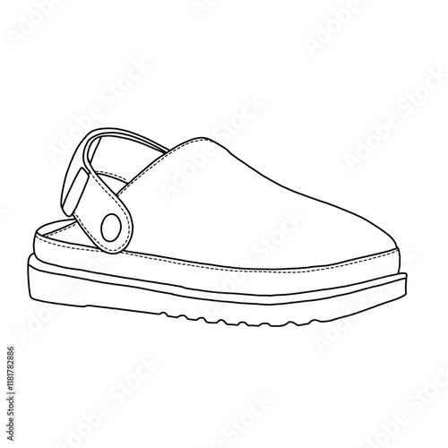 Women's Mules Slippers Slip on Adjustable shoes line art, Technical sketch hand drawing outline vector doodle isometric 3D view isolated on white background for coloring page