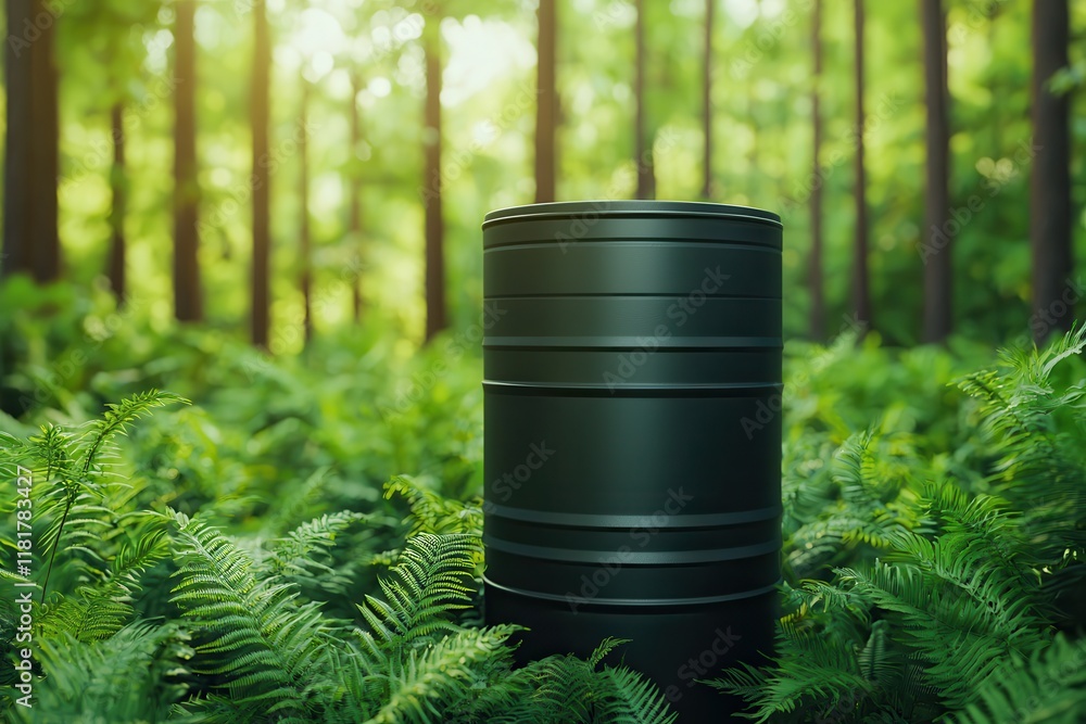 Outdoor adventures and camping promote sustainability. Black barrel among lush greenery in a serene forest setting.