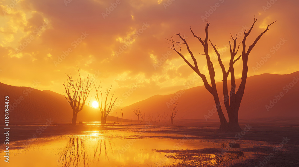 Silhouetted trees in a desert reflecting a vivid and colorful sunset Silhouetted trees in a desert reflecting a vivid and colorful sunset
