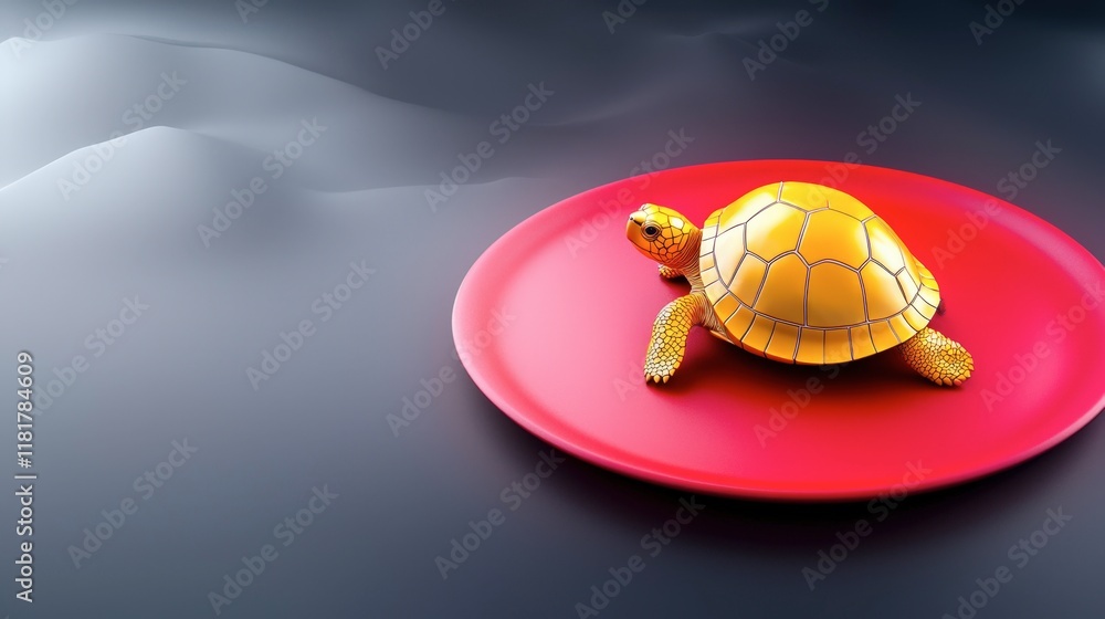 Fototapeta premium Vibrant Red Plate Showcasing a Playful Yellow Turtle in a Minimalist Style Evoking Cheerfulness and Cultural Elegance