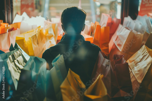 Colorful shopping bags in urban retail district generative ai photo