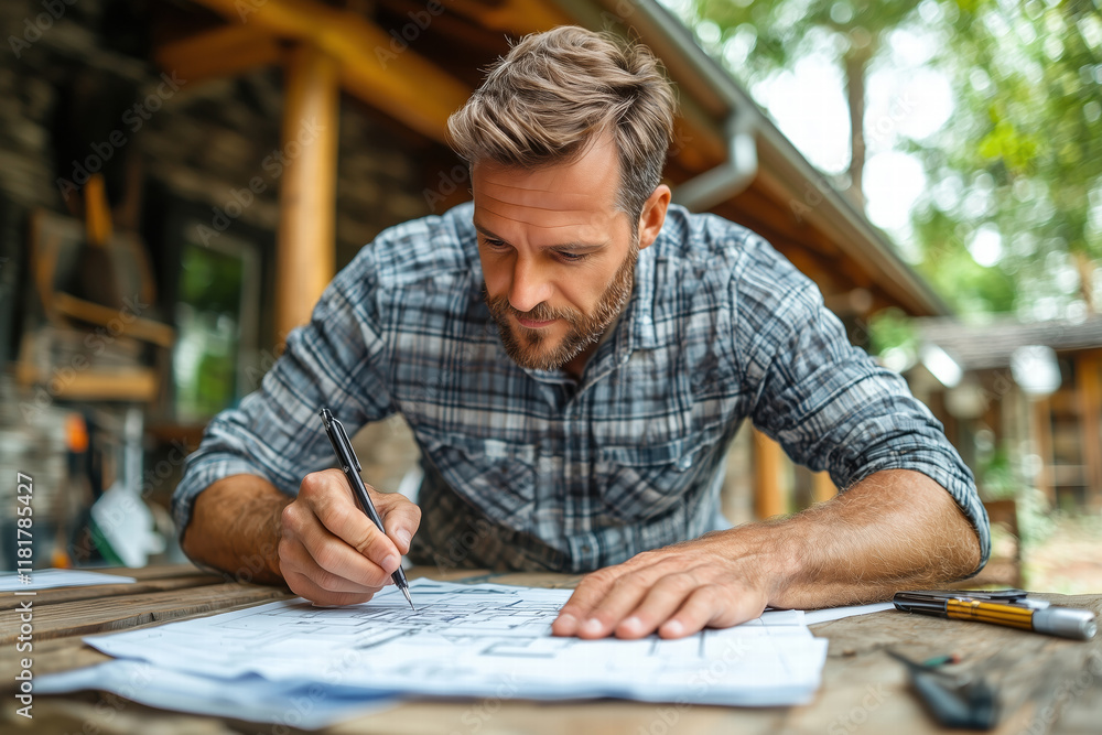 Young male architect making changes to the architectural plan of the house. Creative atmosphere. Young male architect making changes to the architectural plan of the house. Creative atmosphere.
