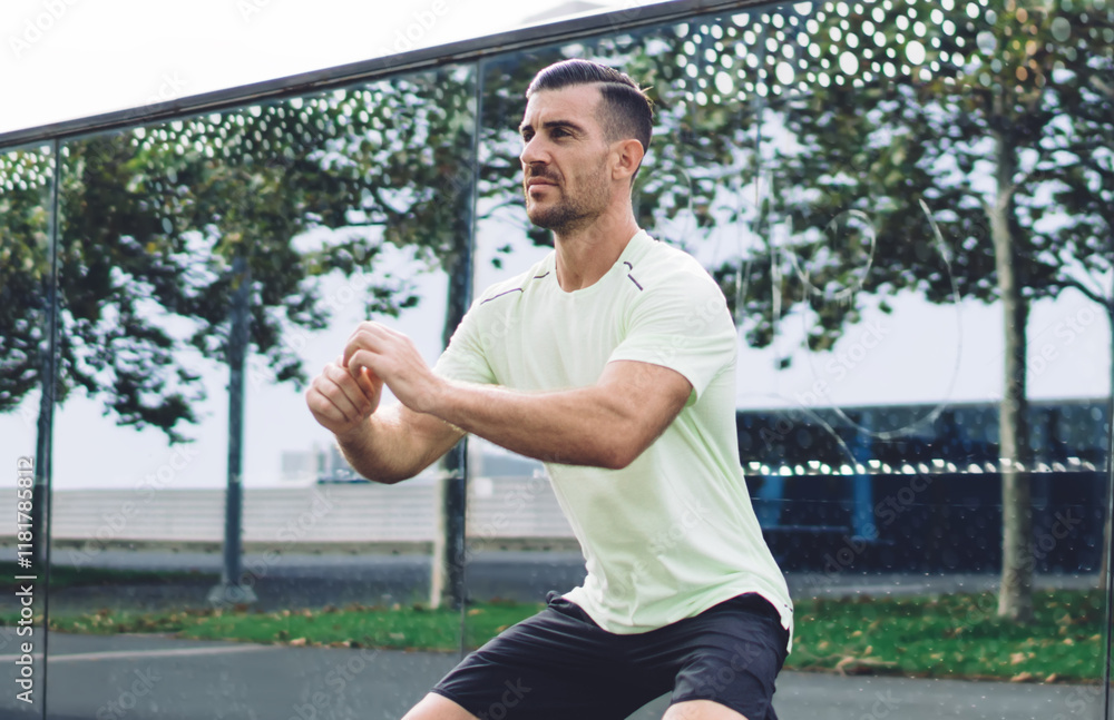 Caucasian male athlete squatting with endurance enjoying morning training at city street for running, strong man in sportswear have cardio workout training during leisure for intensive practice