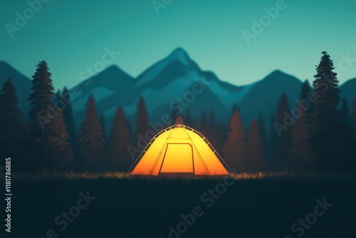 Outdoor adventures and camping promote sustainability. Glowing tent in a serene mountain landscape at dusk.