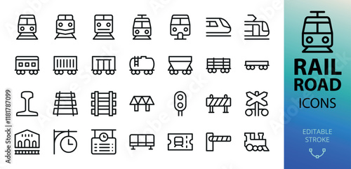 Railroad line icons set. Set of commuter train, metro, tram, monorail, rail cars, railway, railroad station clock, waiting room, railway crossing vector symbol with editable stroke
