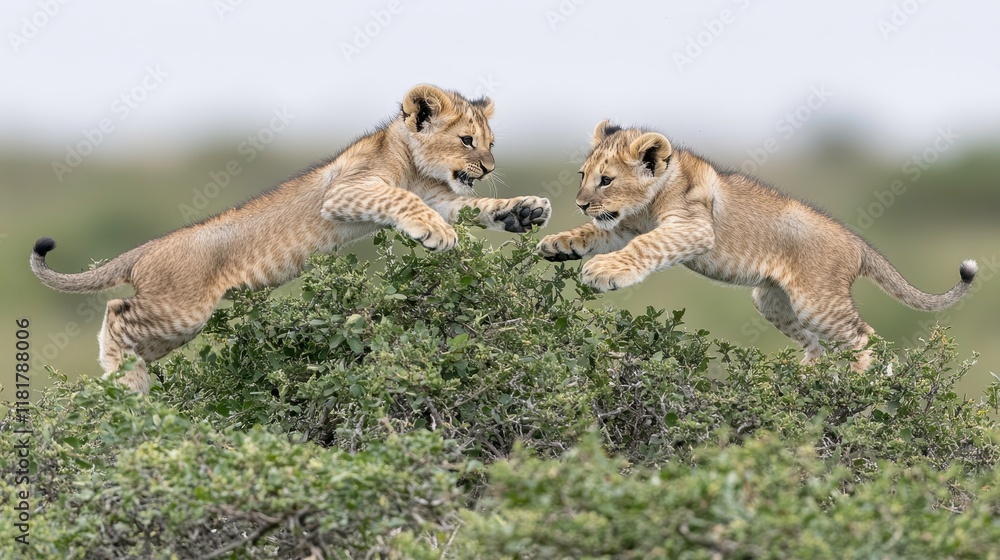 Fototapeta premium Playful lion cubs jumping on bush african savanna wildlife photography natural habitat close-up perspective