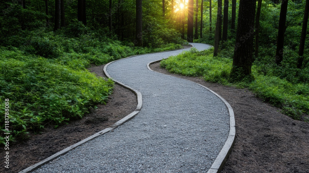 Naklejka premium forest bathing experience, a winding path through tall evergreens leads to a secluded, sunlit glade, perfect for forest therapy, offering reflection and peace
