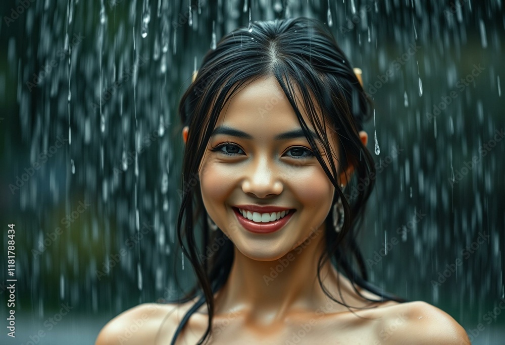 Fototapeta premium Wet woman under warm rain shower