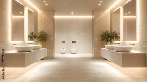 Modern luxury bathroom features minimalist design with white vessel sinks, floating vanity, and LED backlit mirror. Marble countertops and beige tiles create elegant atmosphere in commercial setting.