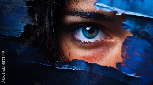 Mysterious Gaze: A Woman's Eye Peering Through a Blue Veil