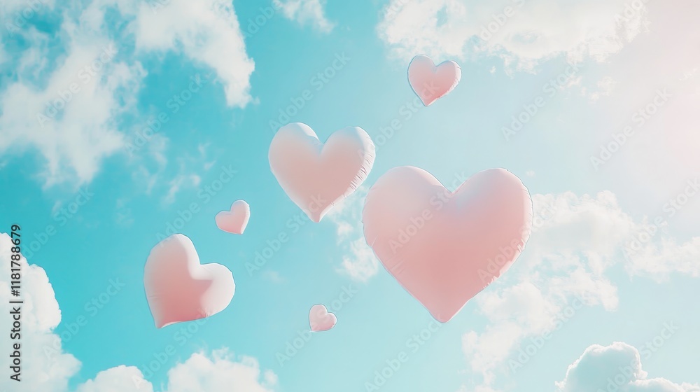 Heart Balloons in Blue Sky, Clouds and Hearts, Dreamy and Romantic Heart Balloons in Blue Sky, Clouds and Hearts, Dreamy and Romantic