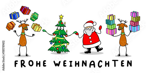 Frohe Weihnachten mit Weihnachtsfiguren und vielen Geschenken photo