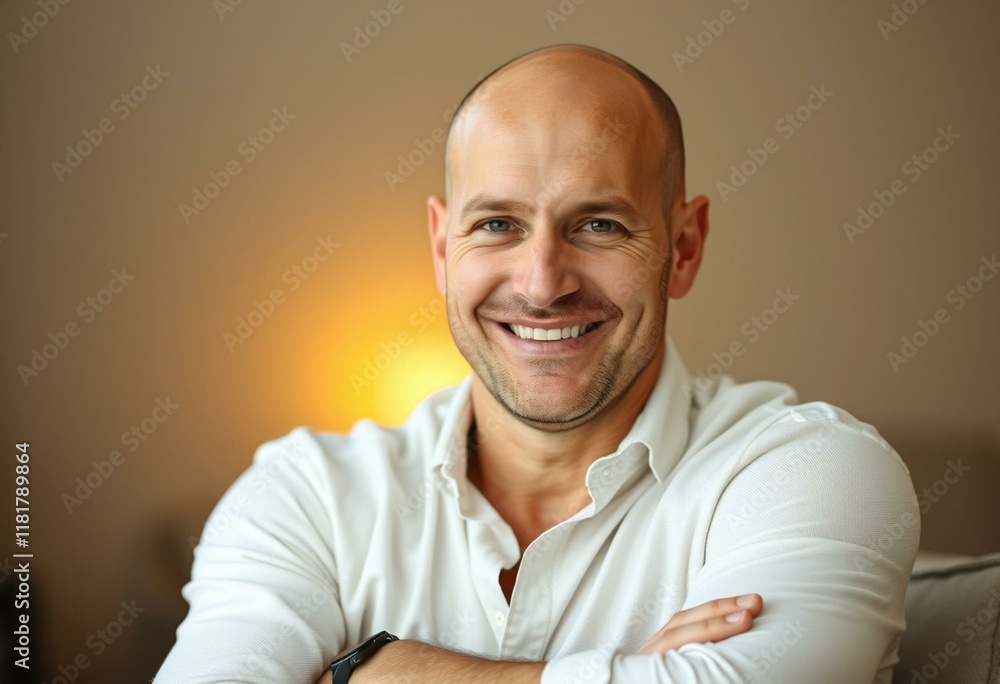 Portrait of a bald man with a warm and friendly smile