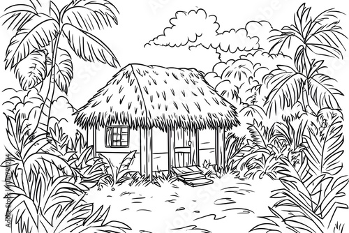 Color Tropical Hut Coloring Book Pages photo