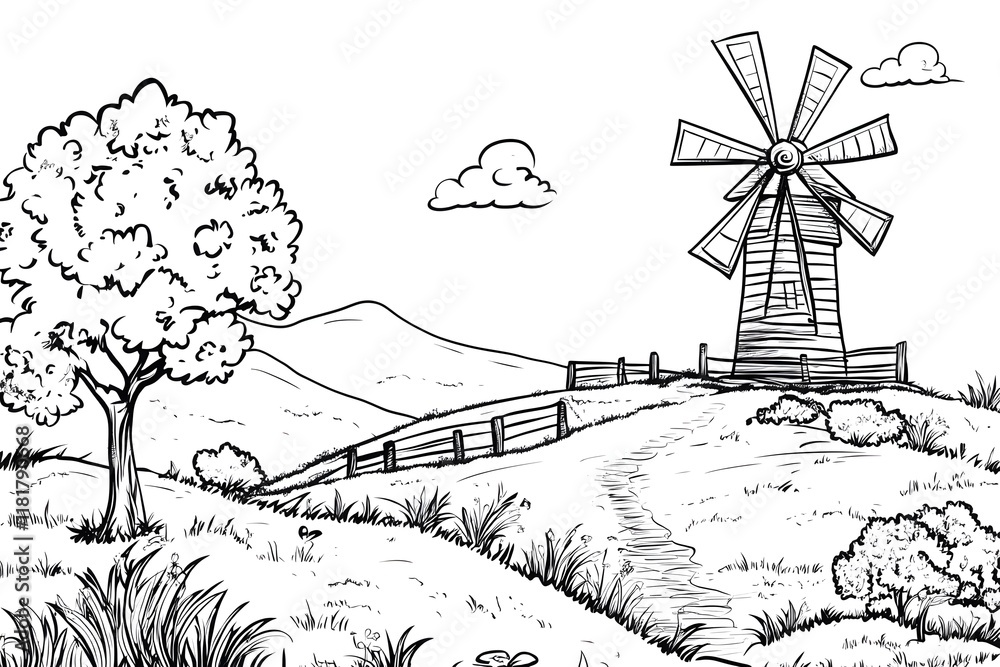 Fototapeta premium Coloring Windmill Scene: Hills, Trees, Fun!