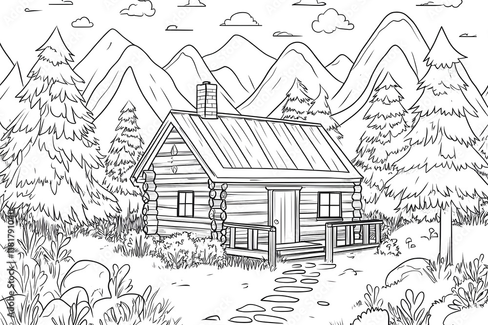 Naklejka premium Color Mountain Cabin Coloring Book Pages
