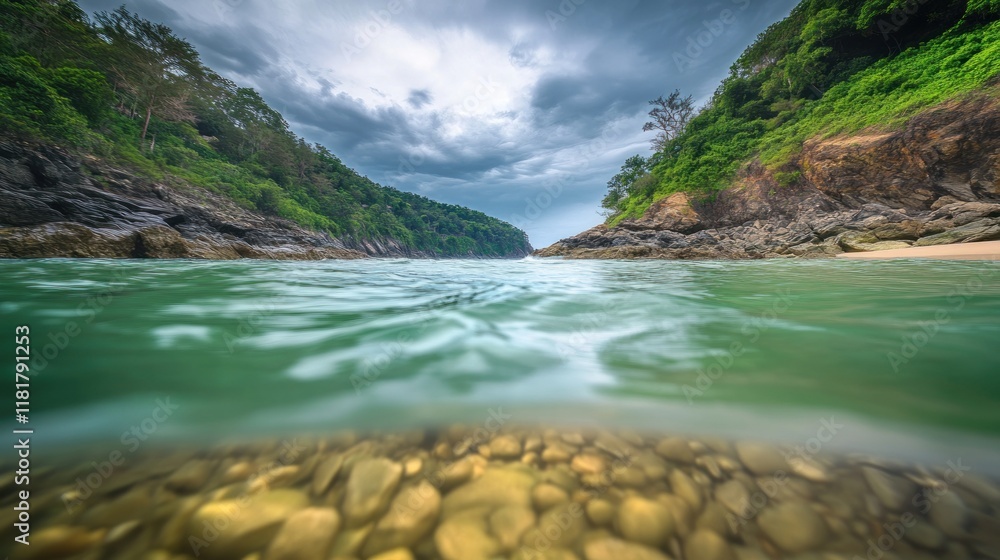 Tropical cove, underwater view, stormy sky, beach, travel Tropical cove, underwater view, stormy sky, beach, travel