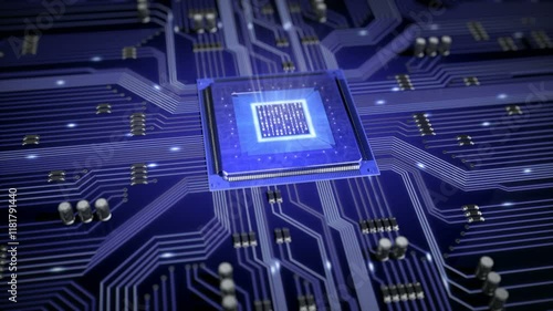 Circuit Board with moving electrons. CPU processing Data. Futuristic technology background.
