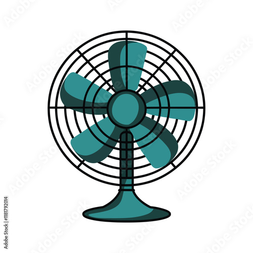 A flat vector illustration of vintage desk fan blowing cool air on summer day