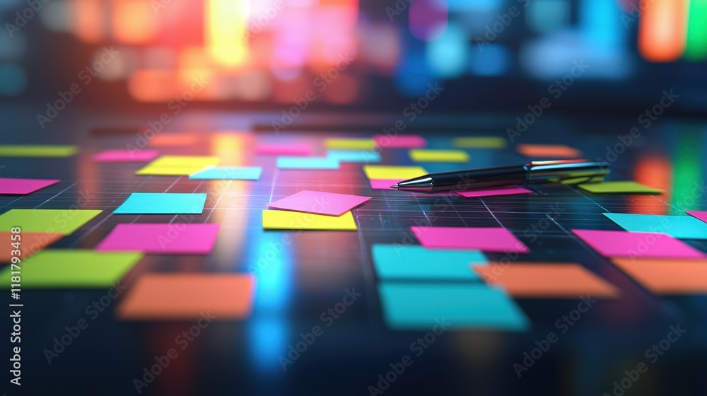 Colorful Sticky Notes and Pen on a Black Table in a Bright, Modern Workspace Colorful Sticky Notes and Pen on a Black Table in a Bright, Modern Workspace