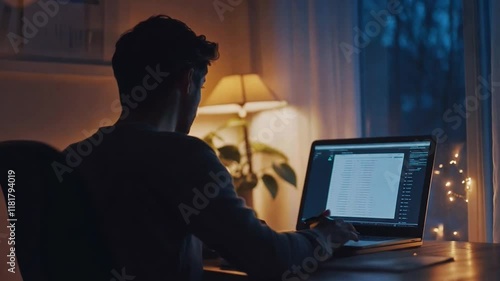 Wallpaper Mural A man sits at his desk working on a laptop in a softly lit room during the evening. The warm glow from a table lamp and subtle fairy lights creates a cozy and focused atmosphere, with a window  Torontodigital.ca