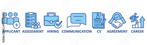 Job Interview icon set illustration concept with icon of applicant,assessment,hiring,communication,cv,agreement,career	