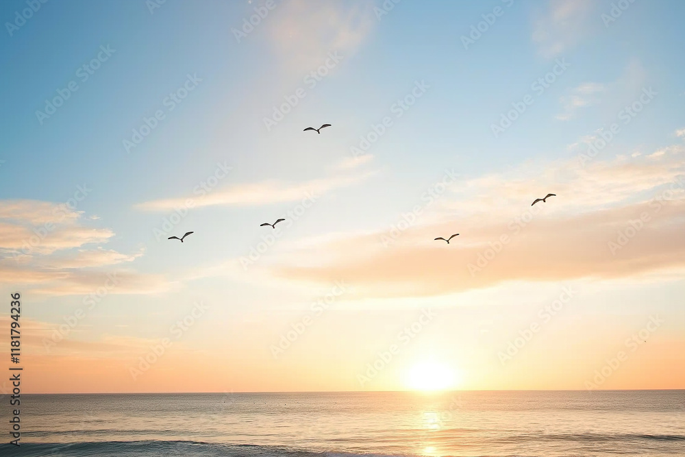 A flock of birds flying across a vibrant orange sky A flock of birds flying across a vibrant orange sky