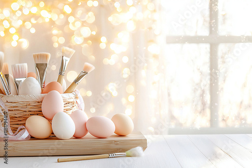 cozy Easter craft corner with pastel eggs and paintbrushes photo