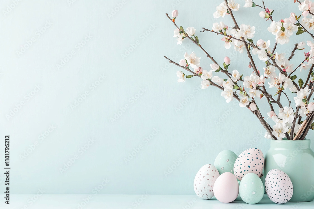 delightful Easter setup with pastel flowers and decorative eggs delightful Easter setup with pastel flowers and decorative eggs