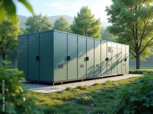 Large outdoor battery storage unit situated in a green park area surrounded by trees photo