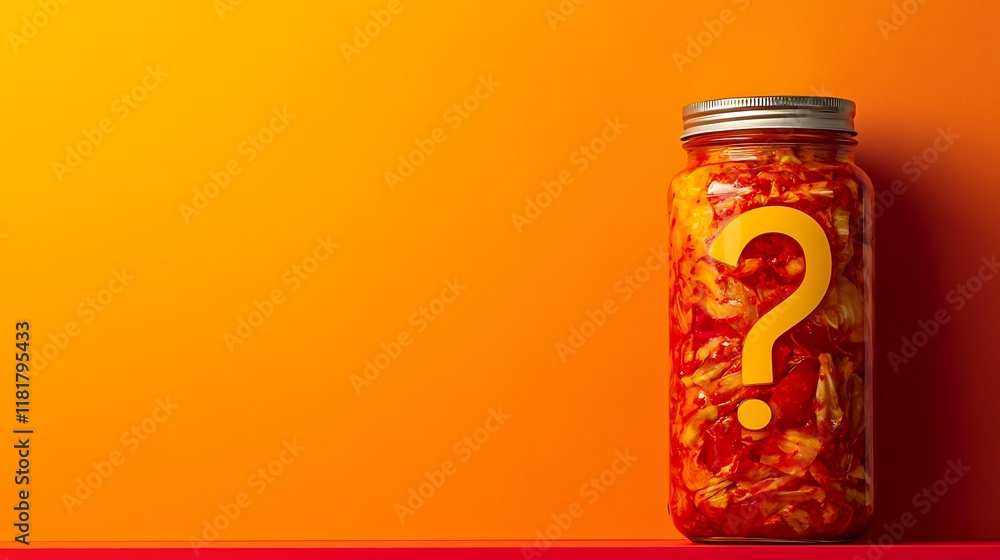 Jar of kimchi with question mark on orange background.