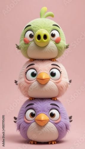 A pile of cute and funny baby bird and piglet dolls in soft colors photo