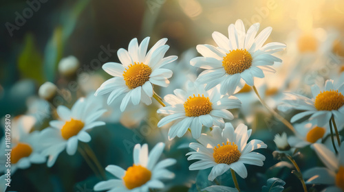 Beautiful close-up of daisies blooming in a sunlit garden during springtime