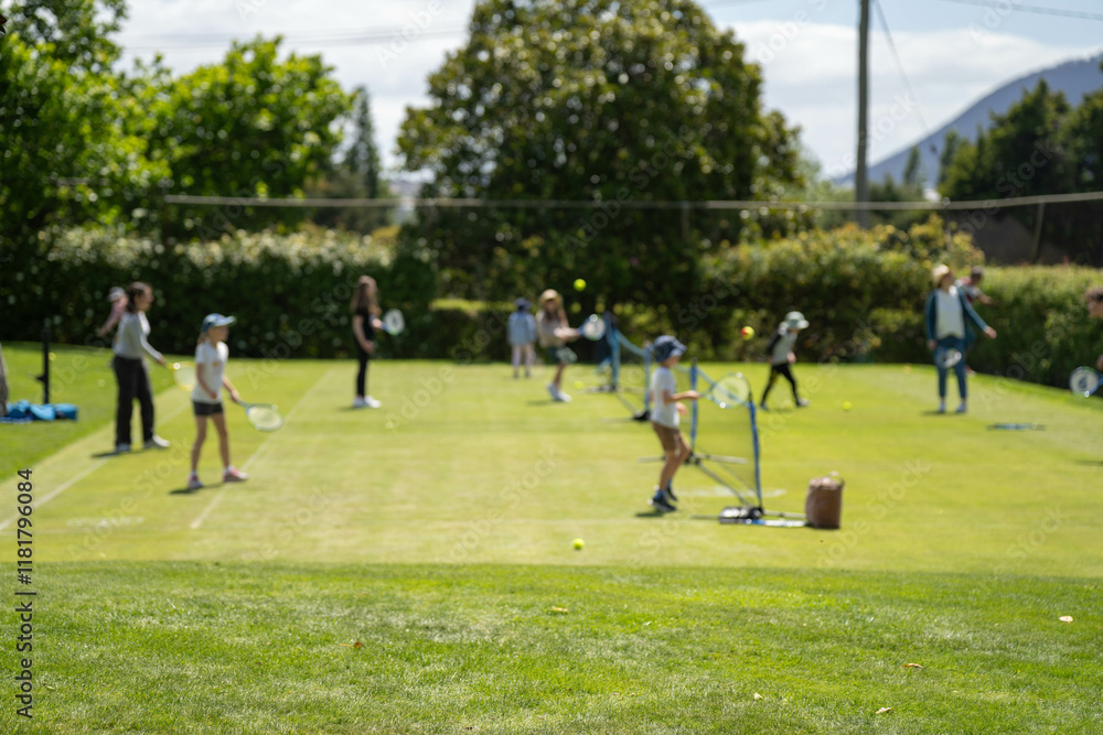 children playing tennis on grass, kids playing lawn tennis in australia as a family children playing tennis on grass, kids playing lawn tennis in australia as a family