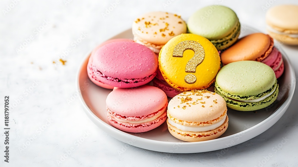 Fototapeta premium Macarons on plate, question mark.