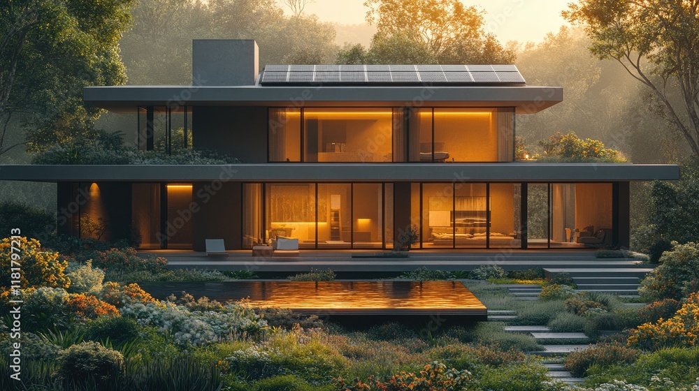 Obraz premium Modern Sustainable Home with Solar Panels Bathed in Morning Rays